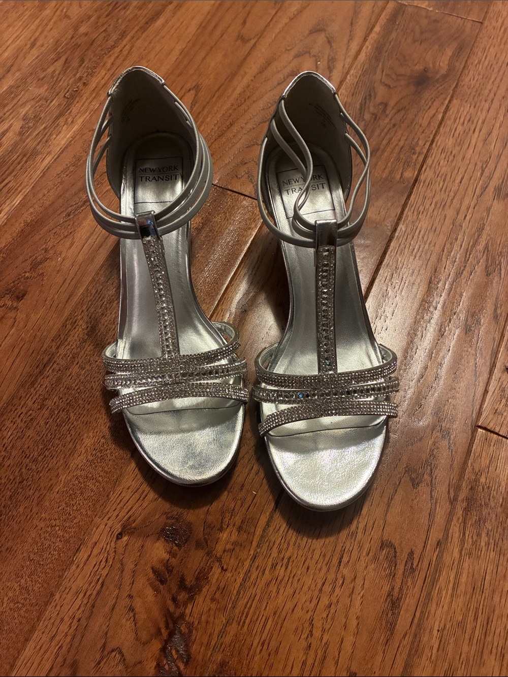 New York Transit Metallic Silver Rhinestone T-Strap Heels
